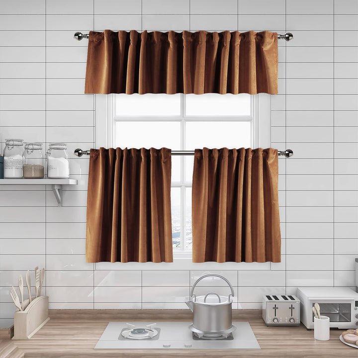 A made to measure kitchen valance in deep caramel matte velvet, featuring a velvety surface and clean seams for a rich premium look