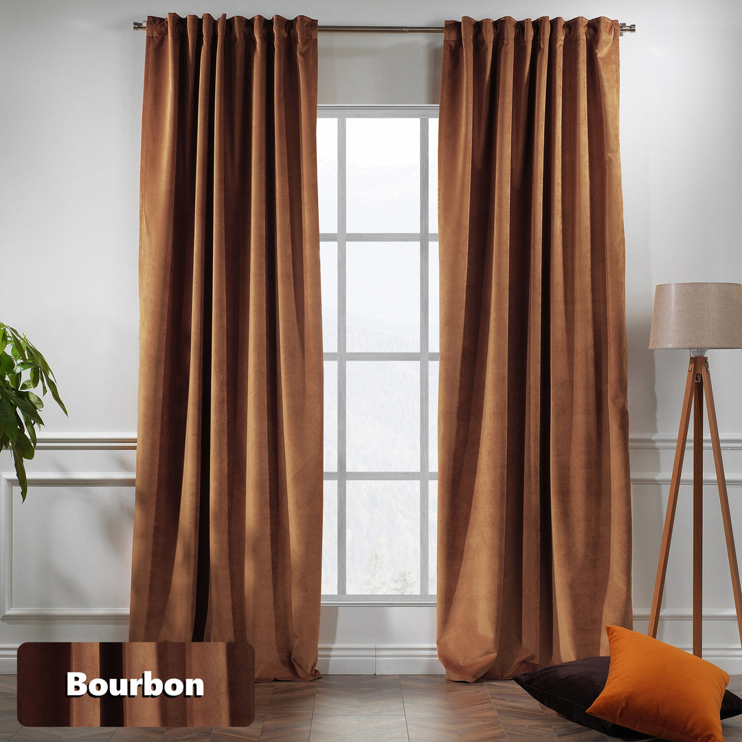 Amber velvet eyelet curtain panel with smooth, elegant fall.