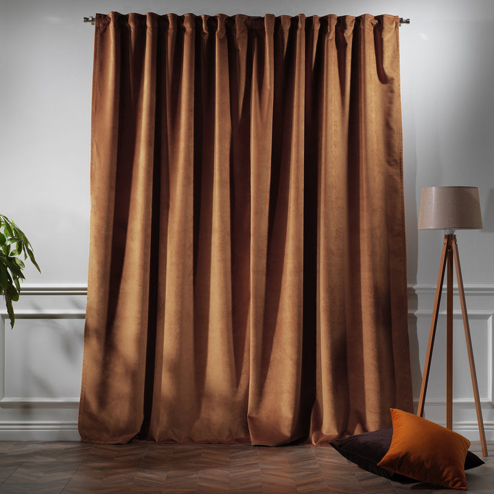 Amber velvet curtain panel offering full‑length drape and warm golden‑brown depth.