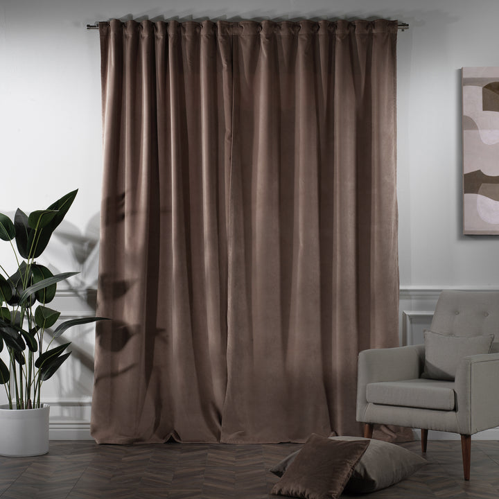Made to measure extra‑long and extra‑wide braver matte velvet curtain featuring a soft smooth drape and muted velvety texture, offering enhanced light reduction and a deep modern full‑coverage look, highlighting its rich braver tone and premium contemporary velvet finish.