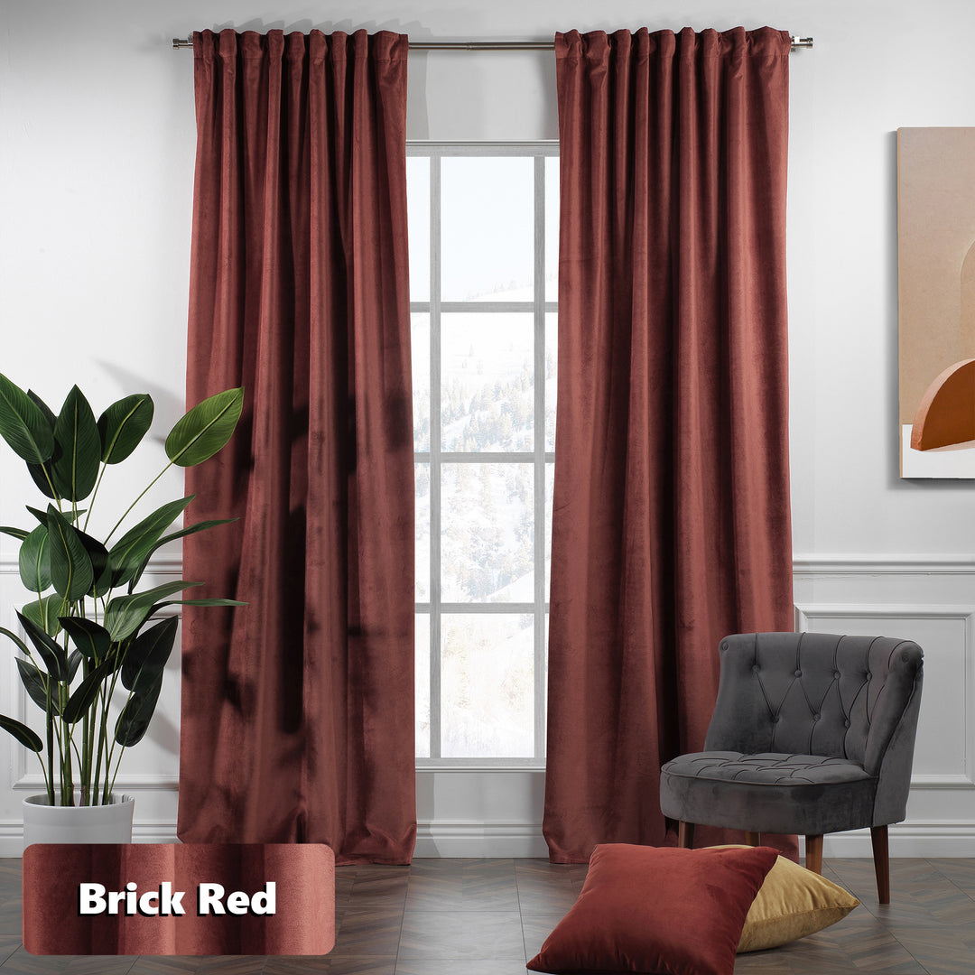 Brick matte velvet pinch pleat curtain with structured pleats and rich brick‑red colour.”