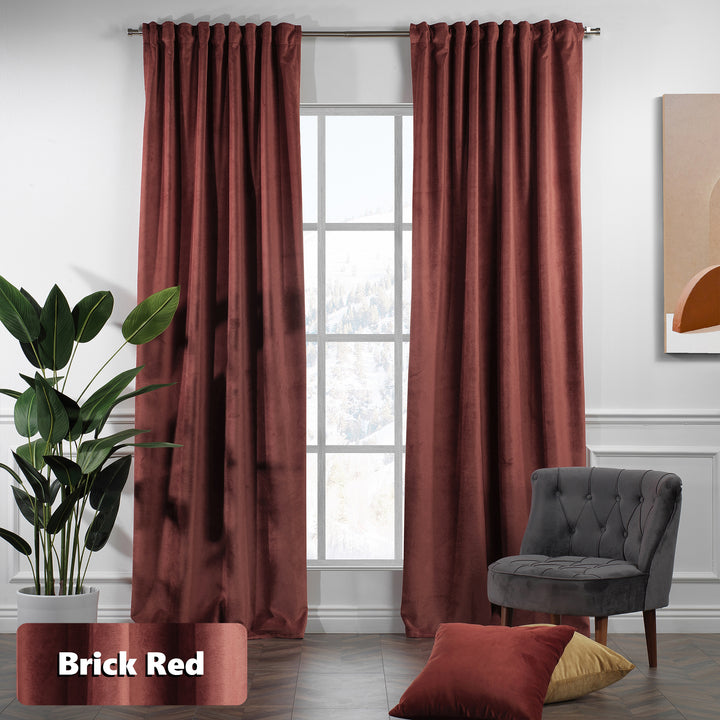 Brick matte velvet pinch pleat curtain with structured pleats and rich brick‑red colour.”