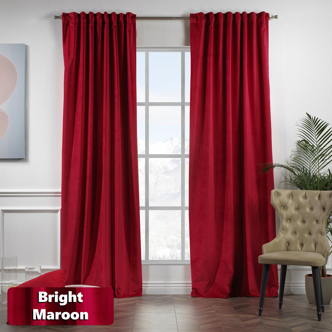 Bright maroon matte velvet extra‑long extra‑wide curtain with rich wine‑red tone and smooth matte texture.