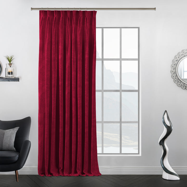 Deep maroon matte velvet pinch pleat curtain with crisp pleats and bold wine‑red shade.”