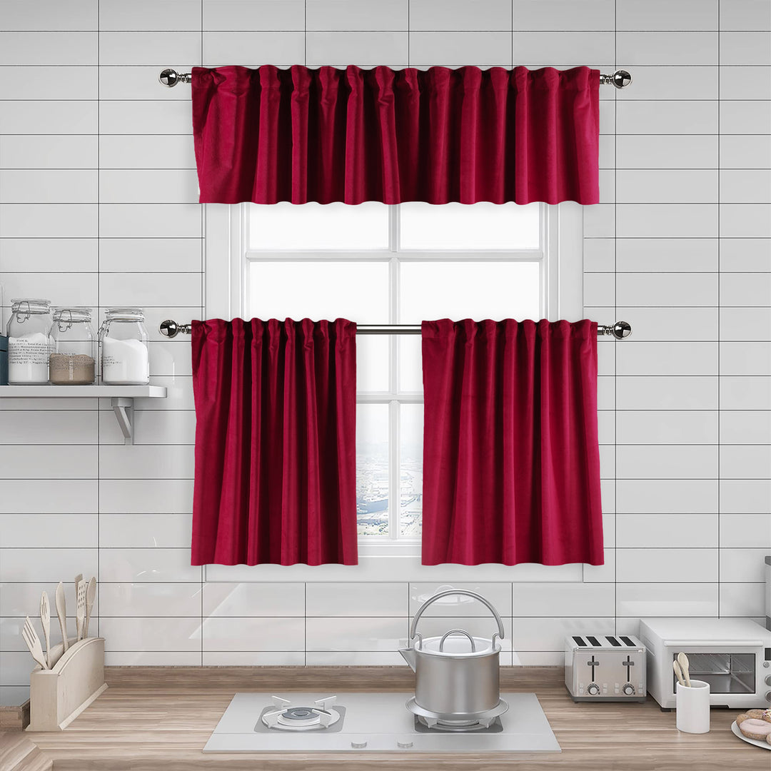 A made to measure kitchen valance in deep maroon matte velvet, shown with a smooth plush texture and clean structured edges for a bold premium finish