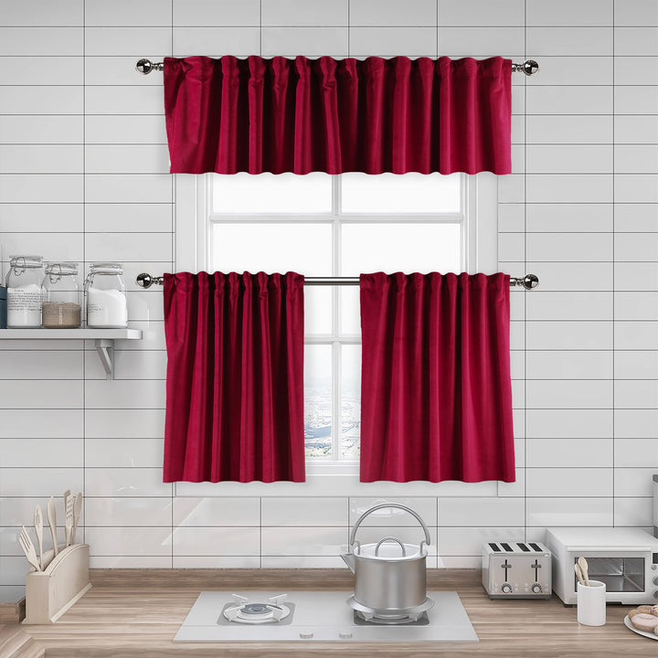 A made to measure kitchen valance in deep maroon matte velvet, shown with a smooth plush texture and clean structured edges for a bold premium finish