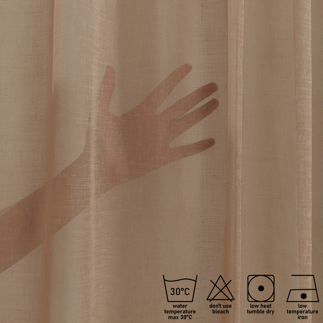 Detailed view of brown linen sheer curtain texture, highlighting natural linen weave.