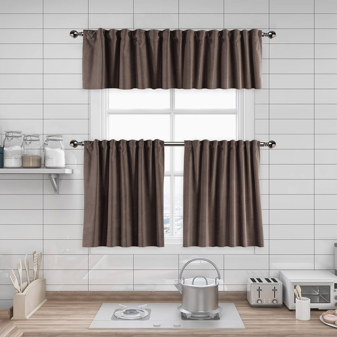 A made to measure kitchen valance in warm medium‑brown matte velvet, shown with a smooth plush texture and neatly tailored edges for a classic premium finish