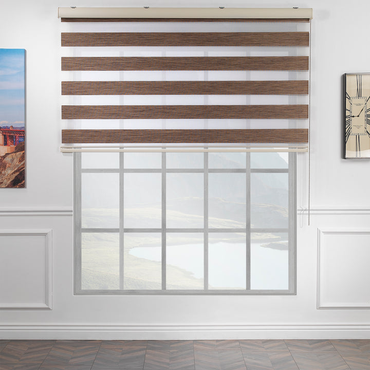 Made to measure zebra roller blind in brown, designed with alternating sheer and opaque horizontal stripes to provide flexible light control and privacy, highlighting the warm brown tone, refined texture and modern day‑and‑night blind style.