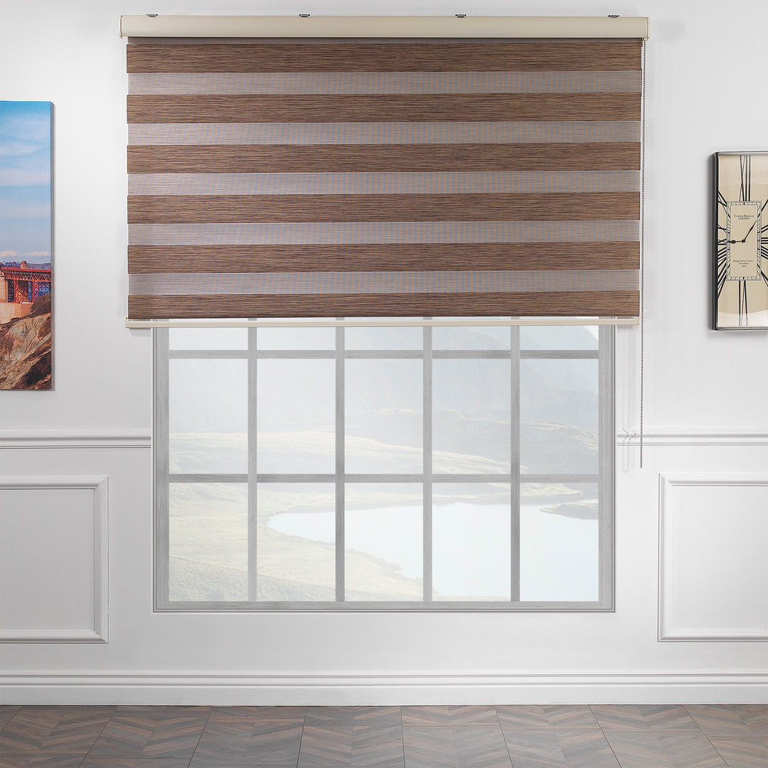 Made to measure zebra roller blind in brown, designed with alternating sheer and opaque horizontal stripes to provide flexible light control and privacy, highlighting the warm brown tone, refined texture and modern day‑and‑night blind style.