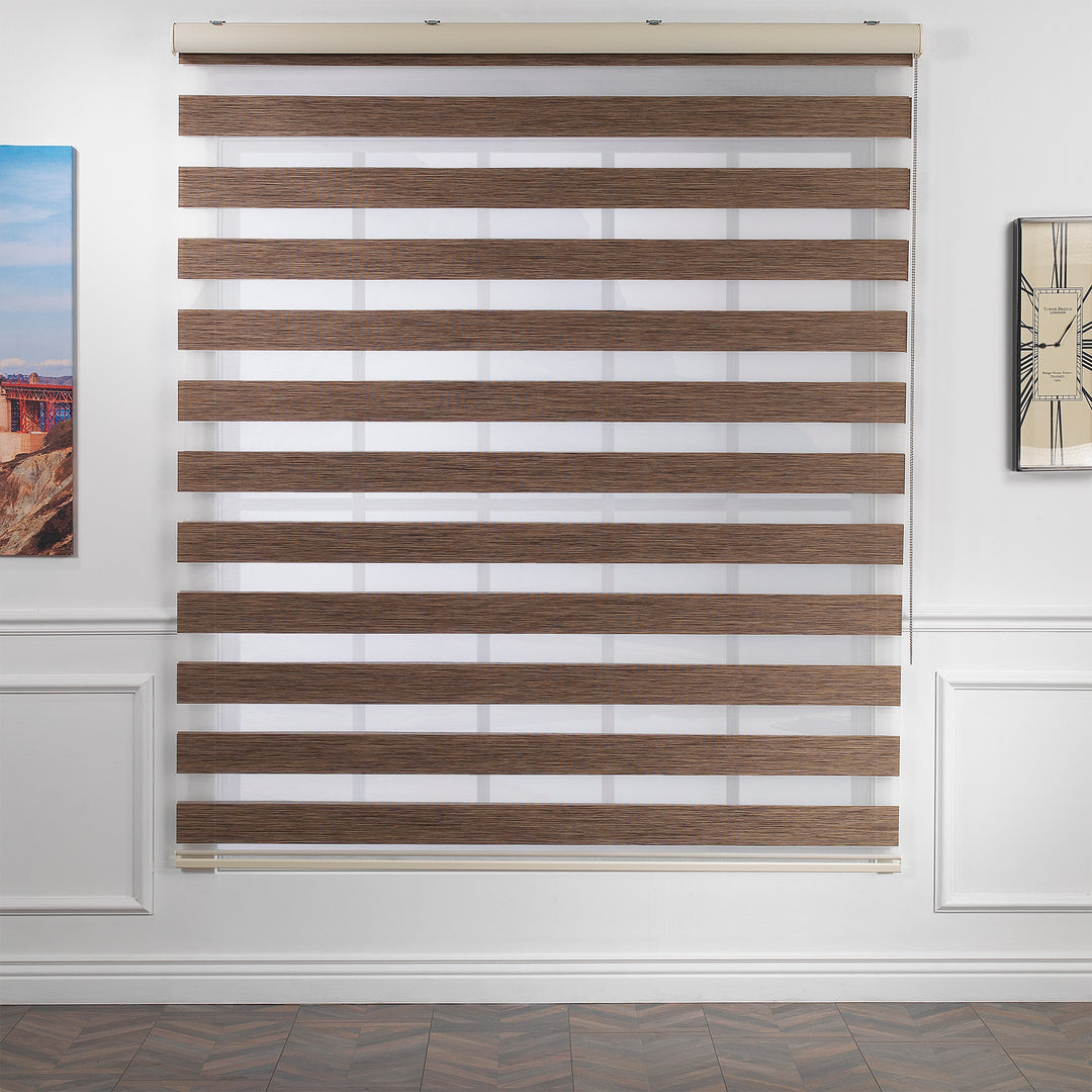 Made to measure zebra roller blind in brown, designed with alternating sheer and opaque horizontal stripes to provide flexible light control and privacy, highlighting the warm brown tone, refined texture and modern day‑and‑night blind style.