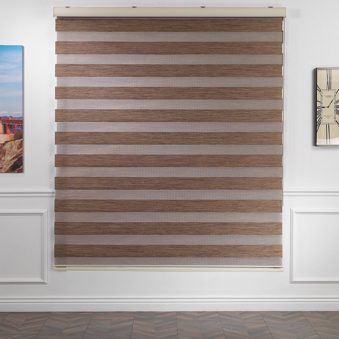 Made to measure zebra roller blind in brown, designed with alternating sheer and opaque horizontal stripes to provide flexible light control and privacy, highlighting the warm brown tone, refined texture and modern day‑and‑night blind style.