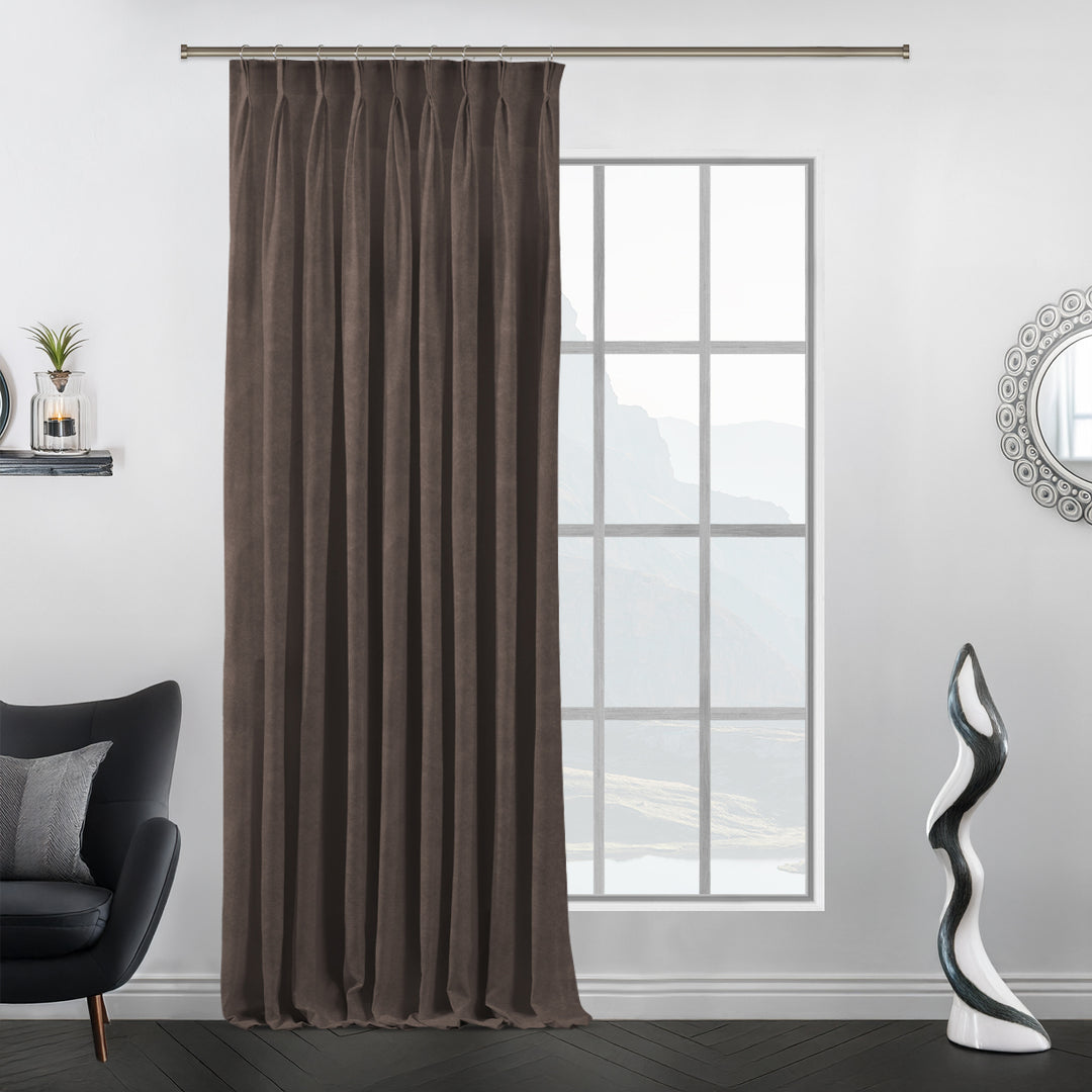 Extra‑long brown pinch pleat matte velvet curtain with uniform pleats and generous width.