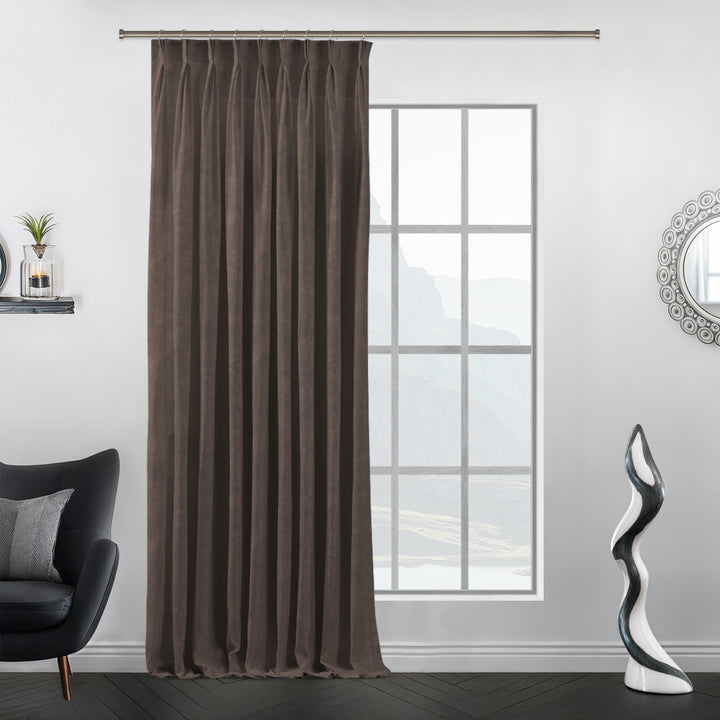 Extra‑long brown pinch pleat matte velvet curtain with uniform pleats and generous width.