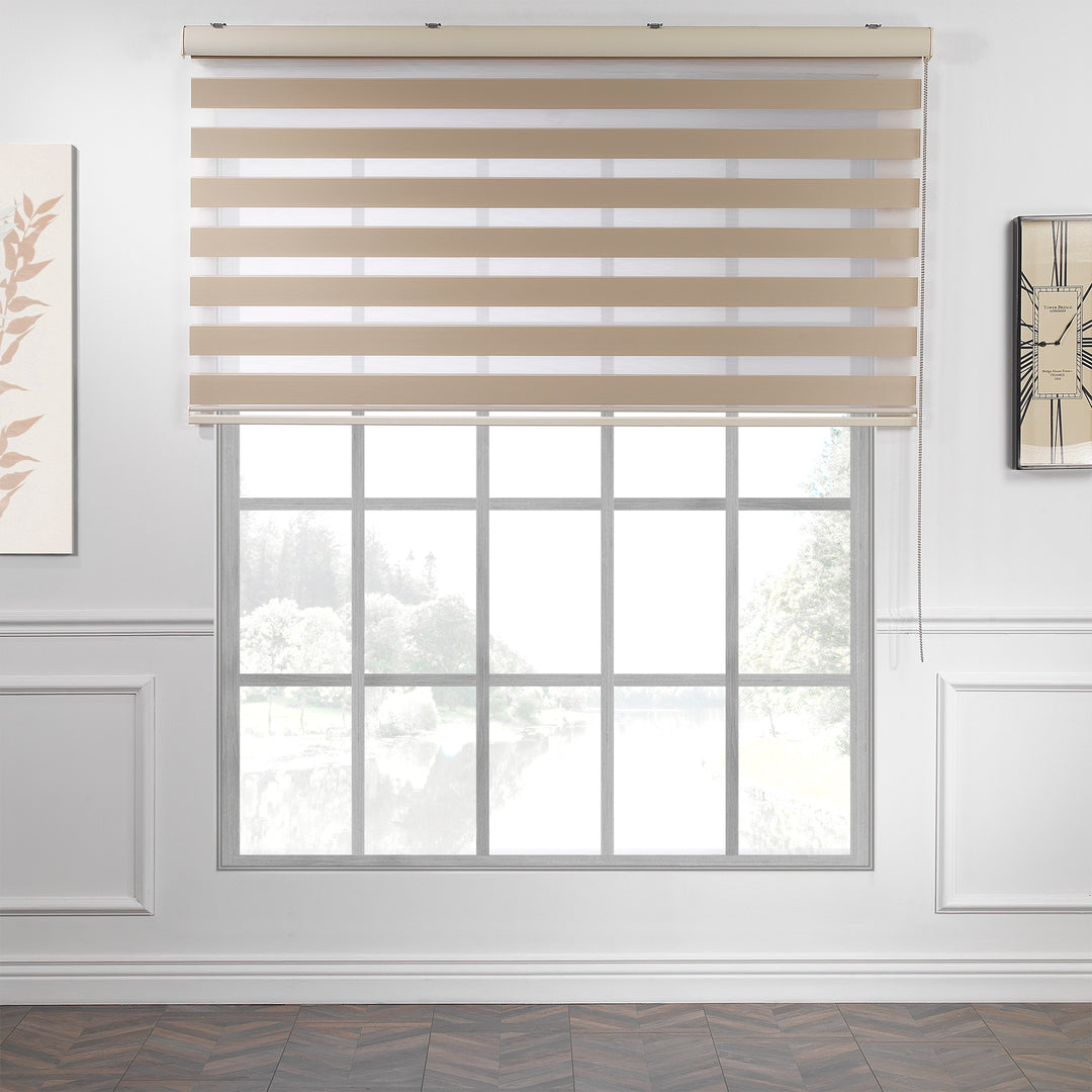 Made to measure solid brown zebra roller blind featuring rich alternating sheer and dim‑out stripes for warm, adjustable light control and enhanced privacy, highlighting its deep brown tone, smooth woven texture and modern day‑and‑night blind design