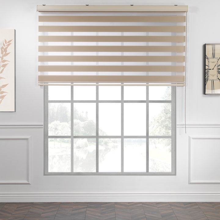 Made to measure solid brown zebra roller blind featuring rich alternating sheer and dim‑out stripes for warm, adjustable light control and enhanced privacy, highlighting its deep brown tone, smooth woven texture and modern day‑and‑night blind design
