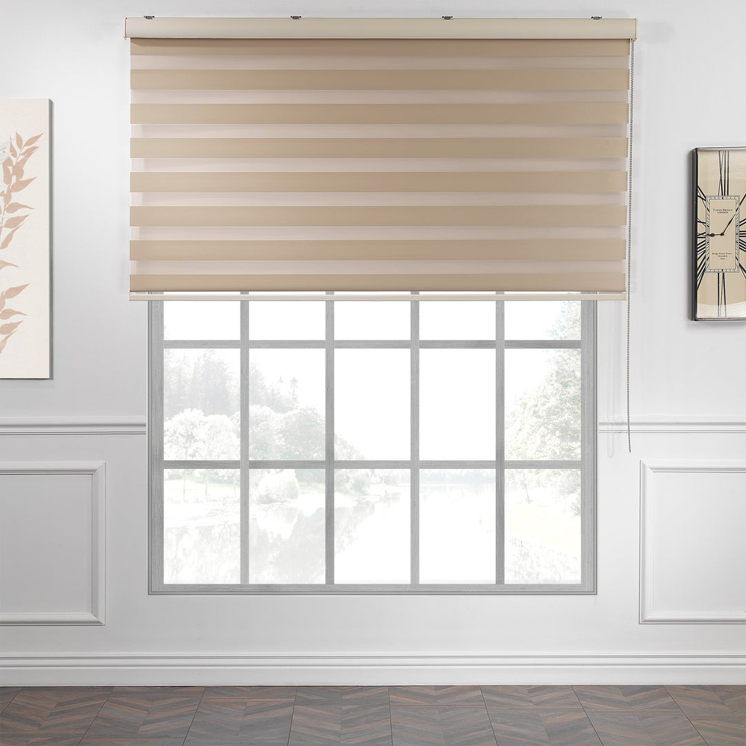 Made to measure solid brown zebra roller blind featuring rich alternating sheer and dim‑out stripes for warm, adjustable light control and enhanced privacy, highlighting its deep brown tone, smooth woven texture and modern day‑and‑night blind design.”