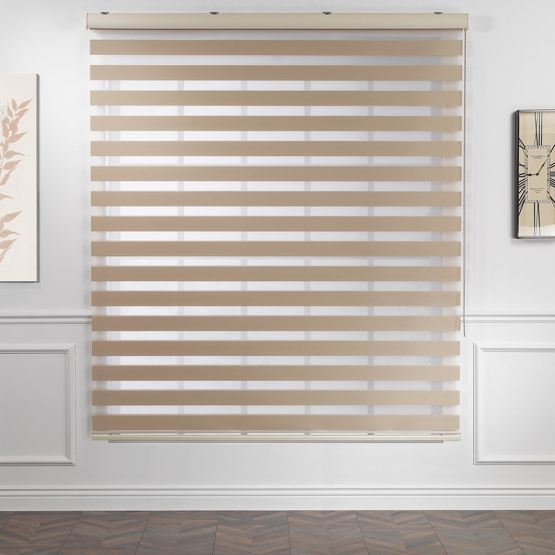 Made to measure solid brown zebra roller blind featuring rich alternating sheer and dim‑out stripes for warm, adjustable light control and enhanced privacy, highlighting its deep brown tone, smooth woven texture and modern day‑and‑night blind design.”