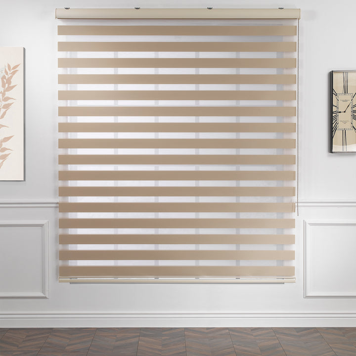 Made to measure solid brown zebra roller blind featuring rich alternating sheer and dim‑out stripes for warm, adjustable light control and enhanced privacy, highlighting its deep brown tone, smooth woven texture and modern day‑and‑night blind design.”