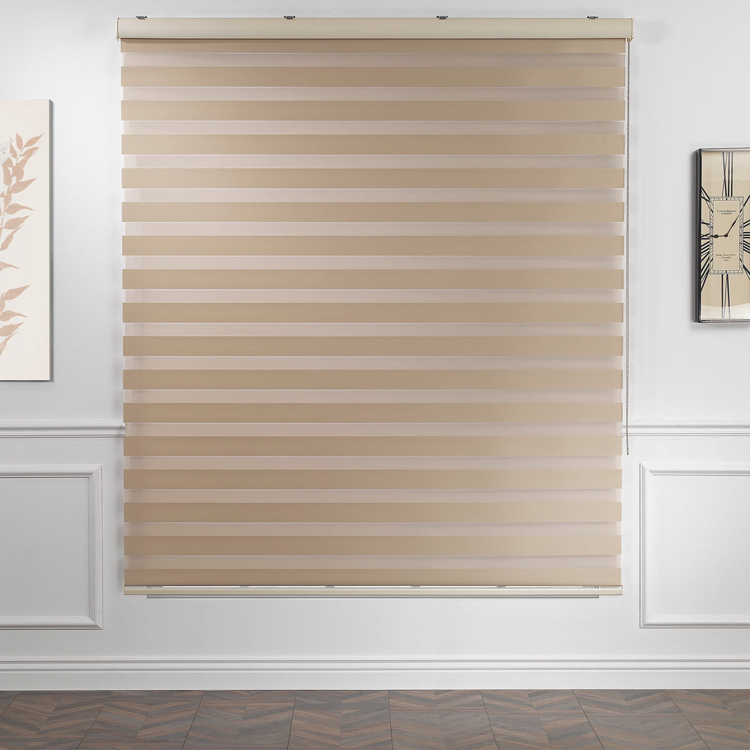 Made to measure solid brown zebra roller blind featuring rich alternating sheer and dim‑out stripes for warm, adjustable light control and enhanced privacy, highlighting its deep brown tone, smooth woven texture and modern day‑and‑night blind design.”