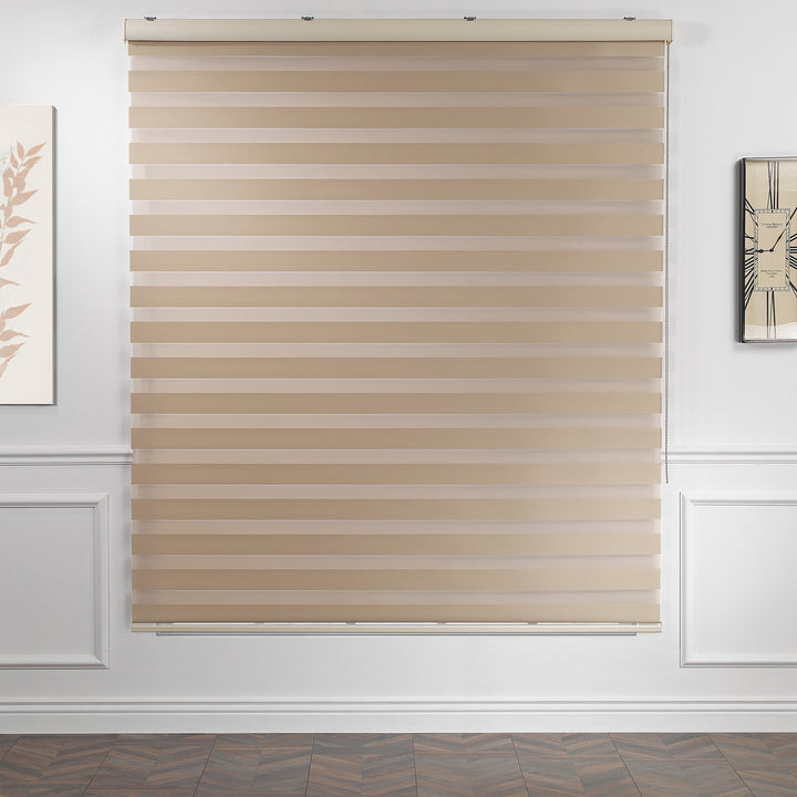 Made to measure solid brown zebra roller blind featuring rich alternating sheer and dim‑out stripes for warm, adjustable light control and enhanced privacy, highlighting its deep brown tone, smooth woven texture and modern day‑and‑night blind design.”