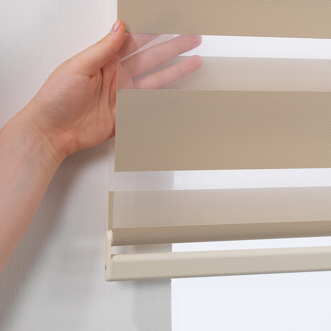 Made to measure solid brown zebra roller blind featuring rich alternating sheer and dim‑out stripes for warm, adjustable light control and enhanced privacy, highlighting its deep brown tone, smooth woven texture and modern day‑and‑night blind design.”