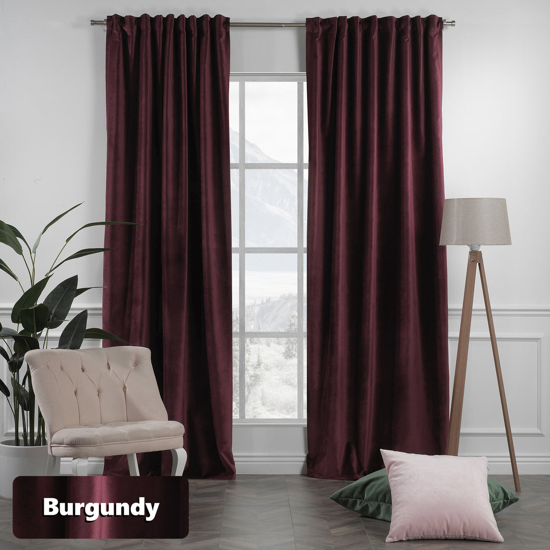 Pair of extra‑wide extra‑long burgundy matte velvet curtains, smooth matte finish, tailored made‑to‑measure fit.