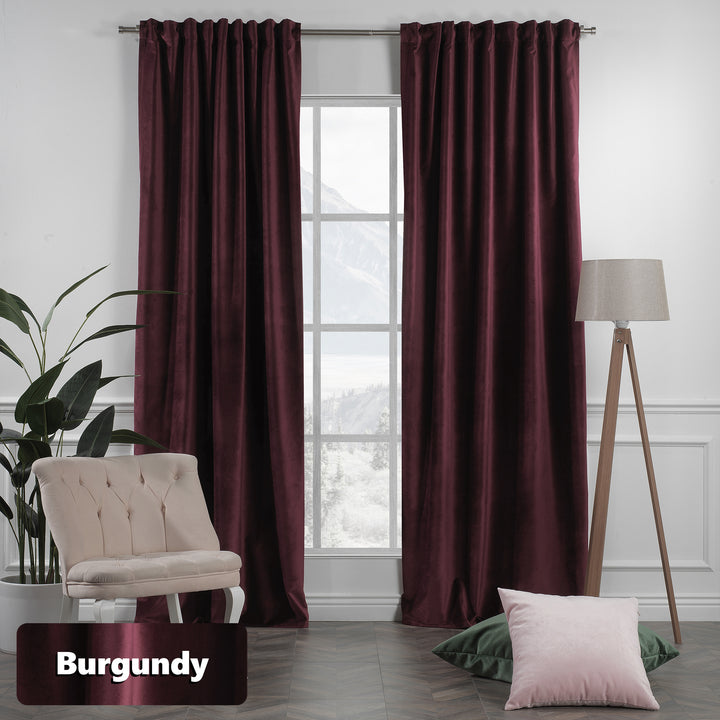Pair of extra‑wide extra‑long burgundy matte velvet curtains, smooth matte finish, tailored made‑to‑measure fit.