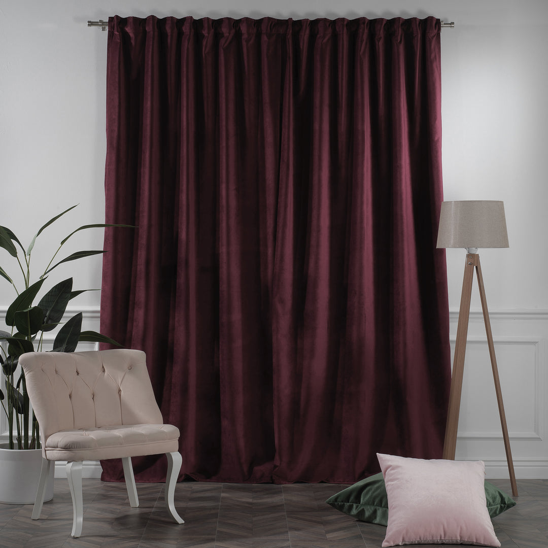Burgundy matte velvet extra‑long extra‑wide made‑to‑measure curtain, soft matte texture, premium drape, full-length fabric detail.”