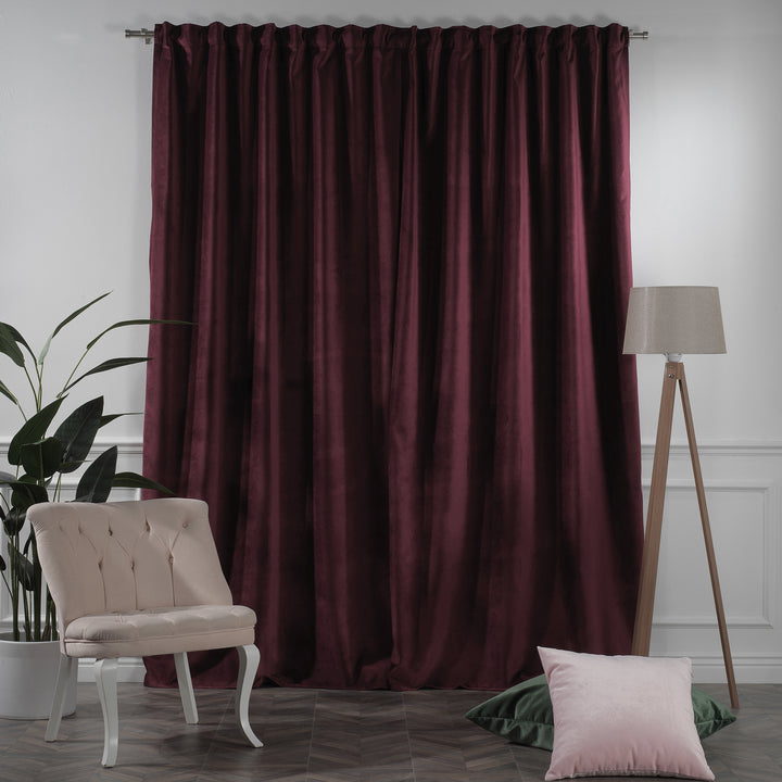 Burgundy matte velvet extra‑long extra‑wide made‑to‑measure curtain, soft matte texture, premium drape, full-length fabric detail.”