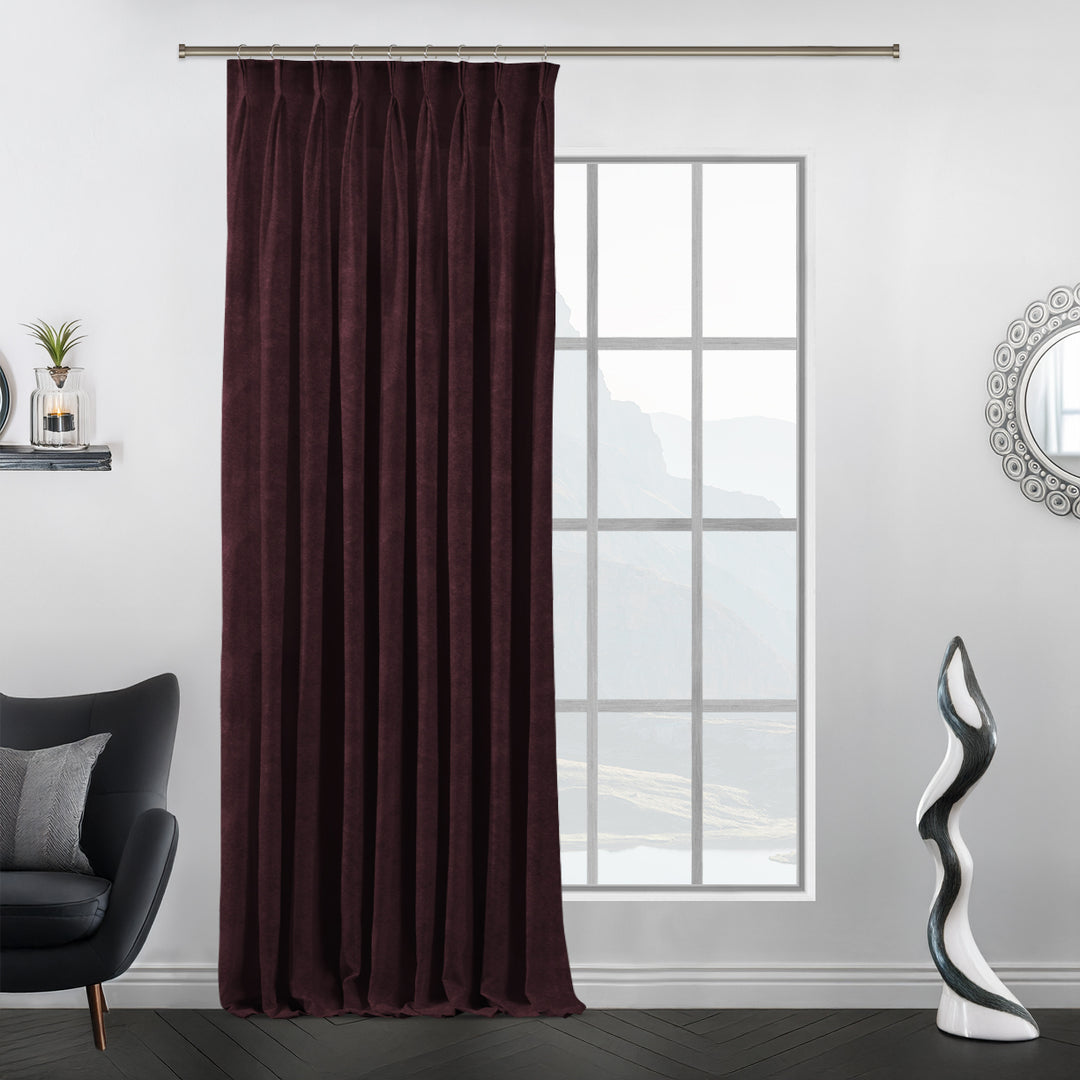 Burgundy matte velvet curtain with deep folds, extra‑long drape and extra‑wide fullness, luxury heavyweight look.