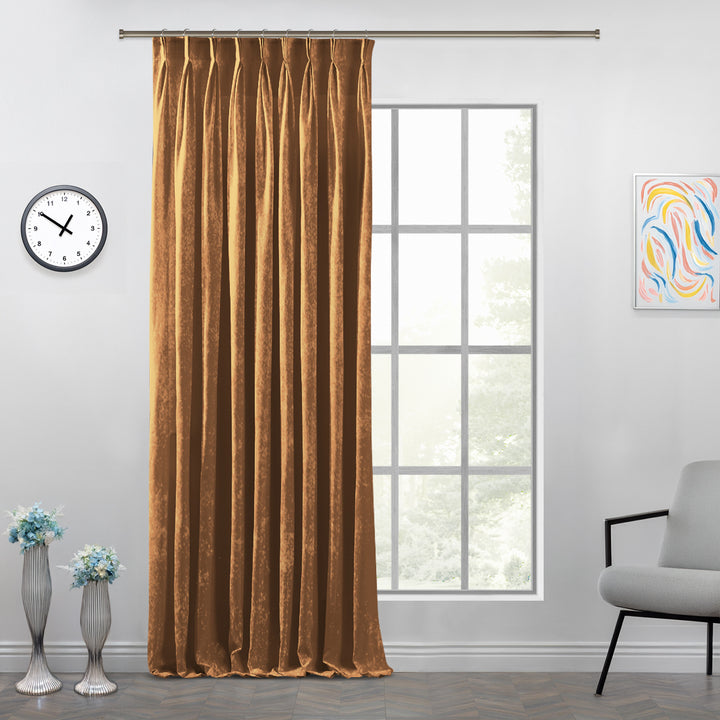 Custom‑fit shiny velvet pinch pleat curtain featuring a radiant sheen and precise pleating.