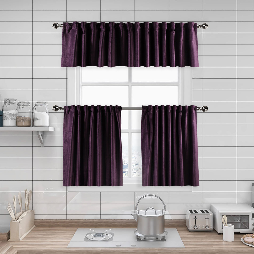 A made to measure kitchen valance in dark plum matte velvet, shown with a smooth plush texture and clean tailored edges for a bold premium appearance