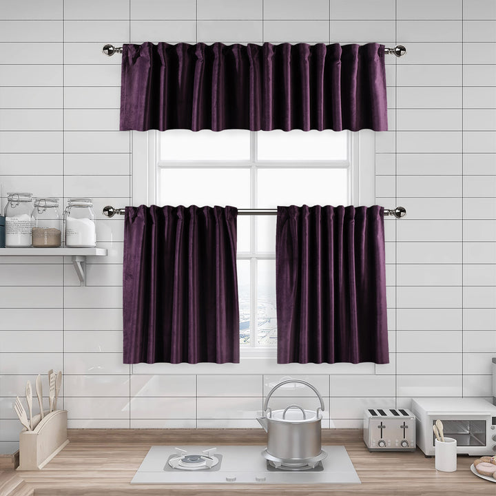 A made to measure kitchen valance in dark plum matte velvet, shown with a smooth plush texture and clean tailored edges for a bold premium appearance