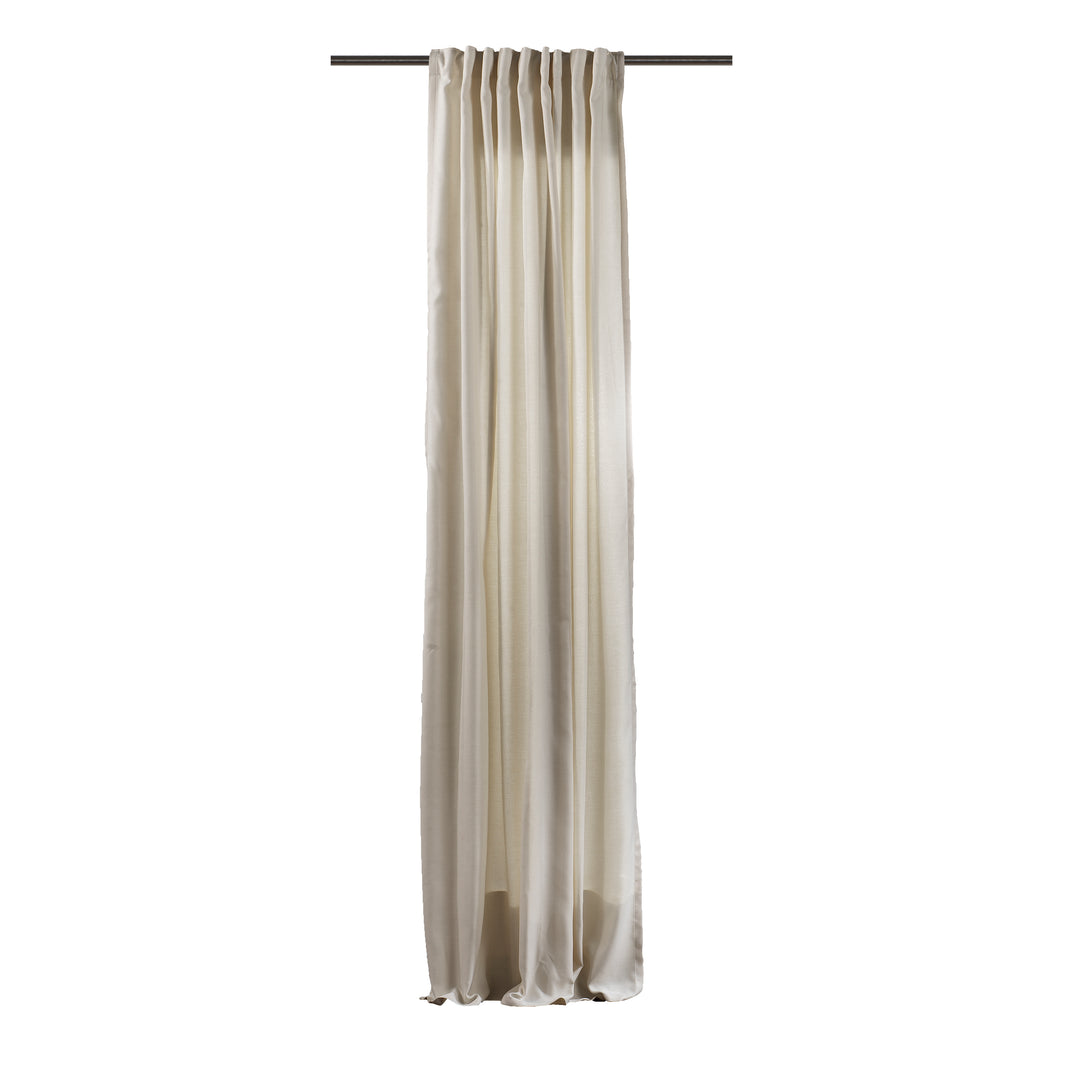An extra‑long wide linen‑look door curtain in cream, showing refined weave, smooth pleats and a bright natural finish