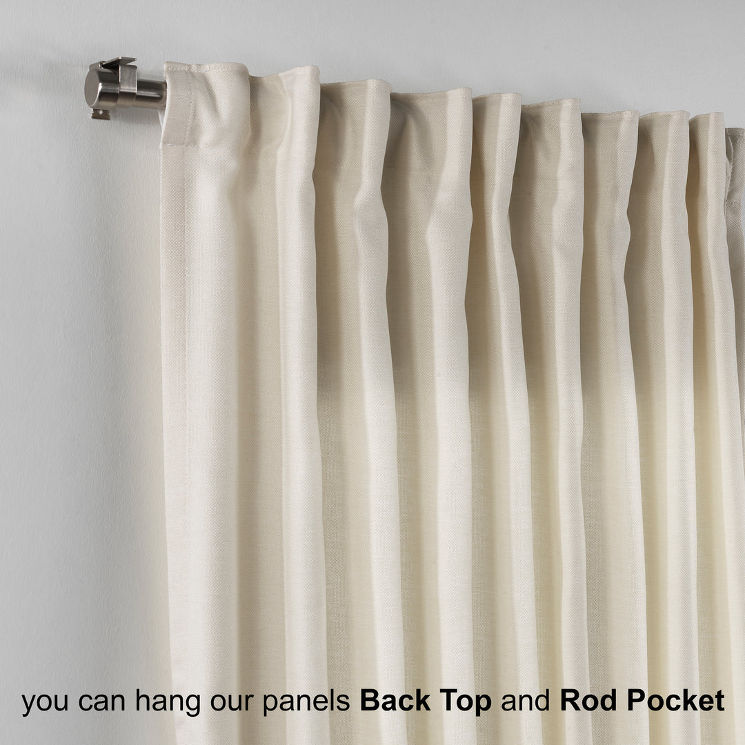 Beige linen look  curtain panel with rod pocket on a gray background