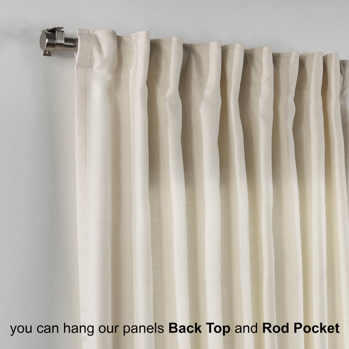 Beige linen look  curtain panel with rod pocket on a gray background