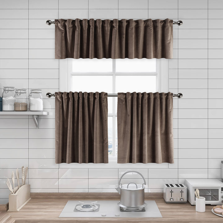A made to measure kitchen valance in warm cappuccino‑beige matte velvet, featuring a velvety surface and clean seams for a soft contemporary look
