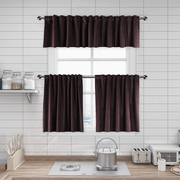 Brown kitchen curtain set hanging above a stove with tiled wall background