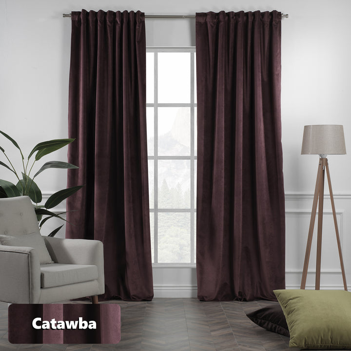Extra‑long extra‑wide catawba matte velvet curtains hanging on window, blackout effect, elegant full coverage.
