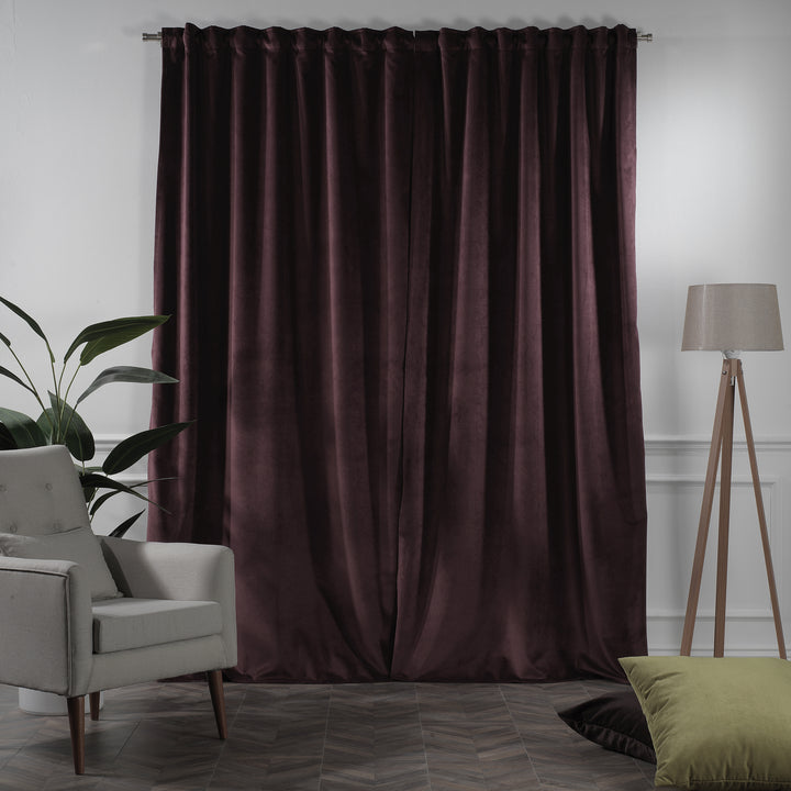 Pair of extra‑wide extra‑long catawba matte velvet curtains, smooth matte finish, tailored made‑to‑measure fit.
