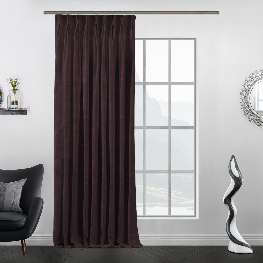 catawba matte velvet pinch pleat curtains styled in room, extra‑long drape, luxury matte texture, tailored made‑to‑measure look.