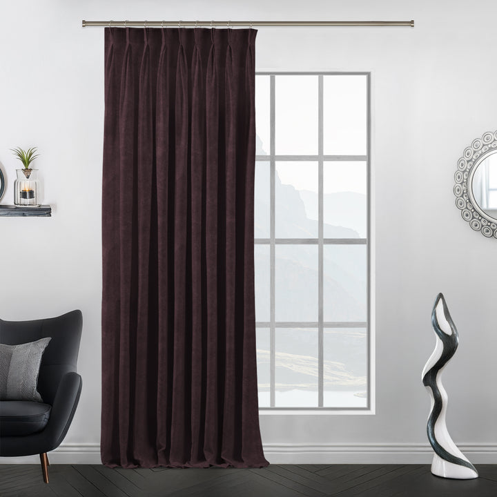 catawba matte velvet pinch pleat curtains styled in room, extra‑long drape, luxury matte texture, tailored made‑to‑measure look.
