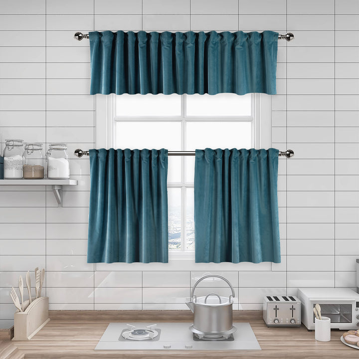 A made to measure kitchen valance in pale mint‑green matte velvet, featuring a velvety surface and crisp seams for a light elegant appearance