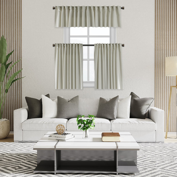 A made to measure kitchen valance in soft cream velour, featuring a smooth lightweight surface and neatly structured edges for a bright elegant finish