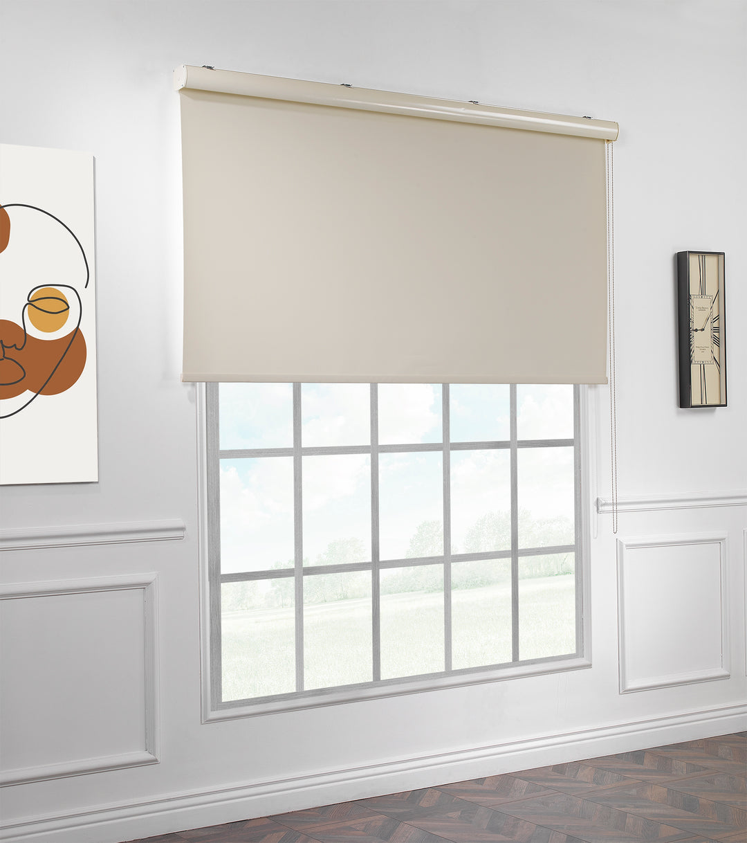 A made to measure cream room darkening roller blind displayed with a soft matte texture and tidy straight lines providing balanced dimming