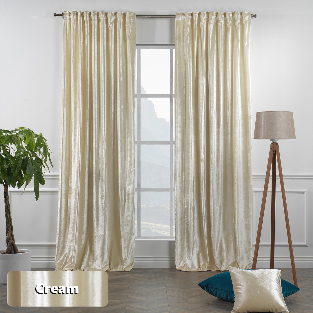 Cream glossy velvet universal‑fit curtain with adaptable top construction and a refined full‑length fall.