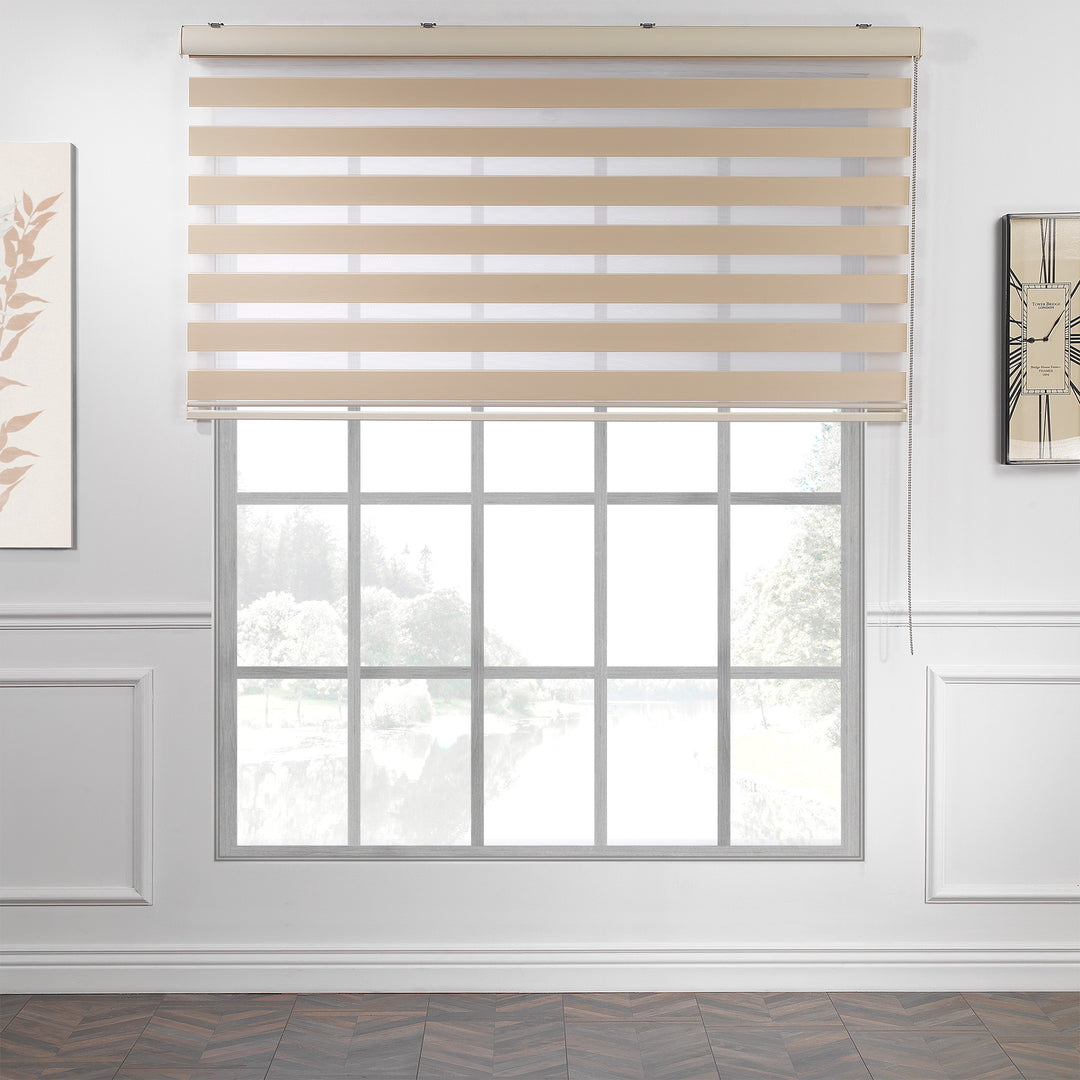 Made to measure cream zebra roller blind featuring warm-toned alternating sheer and dim‑out stripes for soft light control and balanced privacy, highlighting its gentle creamy shade, smooth woven texture and elegant contemporary day‑and‑night blind design.