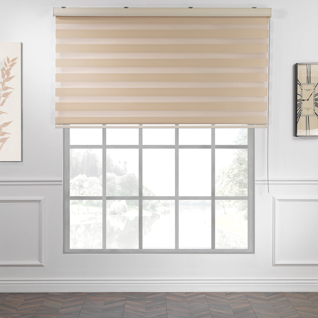 Made to measure cream zebra roller blind featuring warm-toned alternating sheer and dim‑out stripes for soft light control and balanced privacy, highlighting its gentle creamy shade, smooth woven texture and elegant contemporary day‑and‑night blind design.