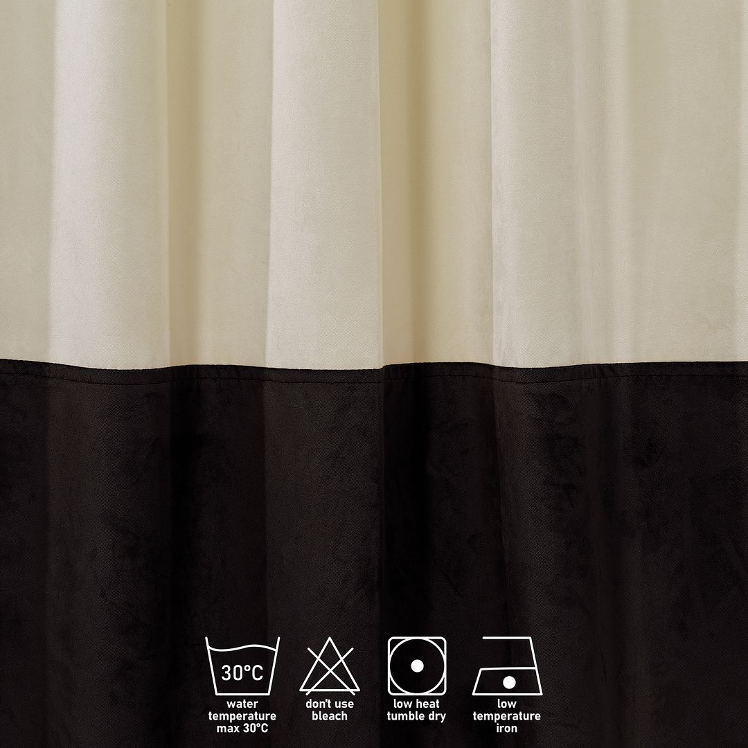 A close‑up of a cream and dark brown matte velvet block curtain, highlighting the smooth weave and rich tonal contrast